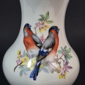 WMF Porzellan Germany Bird Vase Bullfinch Floral White Porcelain Silver Rim 6"